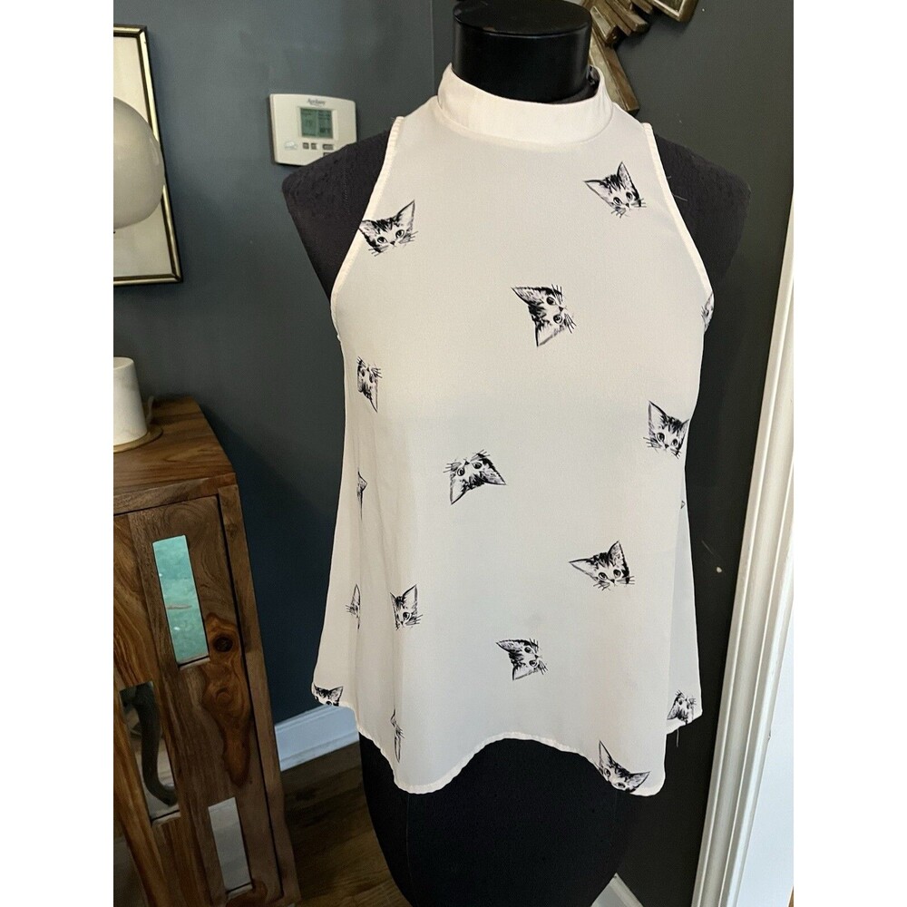Everly Sheer Cute Cat Top Women's Sz M Tank Style Cream Blouse Kittens Shirt